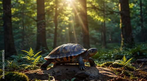 A Cute Forest Turtle Standing on a Rock in a Wild Forest. 