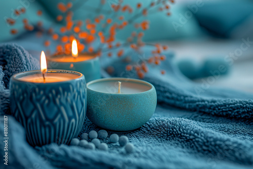 lit candles on textured blue towel in cozy setting