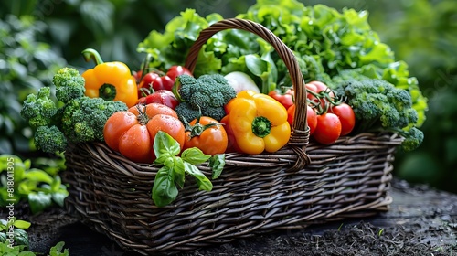 A basket filled with freshly picked vegetables from the garden.