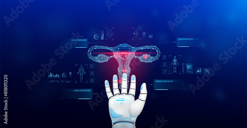 Female uterus scanning robot doctor diagnose disease on hand. Screen digital interface of system MRI scan of human body organ DNA analysis. Future health care innovation. Medical technology. Vector.