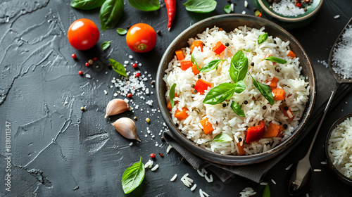 Bowl with tasty boiled rice and vegetables on grey texture