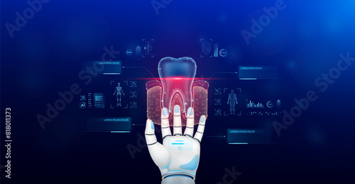 Gum tooth scanning robot doctor diagnose disease on hand. Screen digital interface of system MRI scan human body organ DNA analysis. Future health care innovation. Science medical technology. Vector.