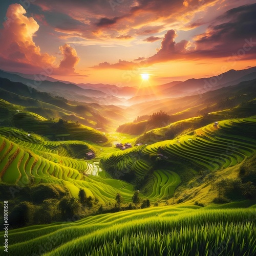 Lush  terraced rice fields  glowing at sunset  landscape photography