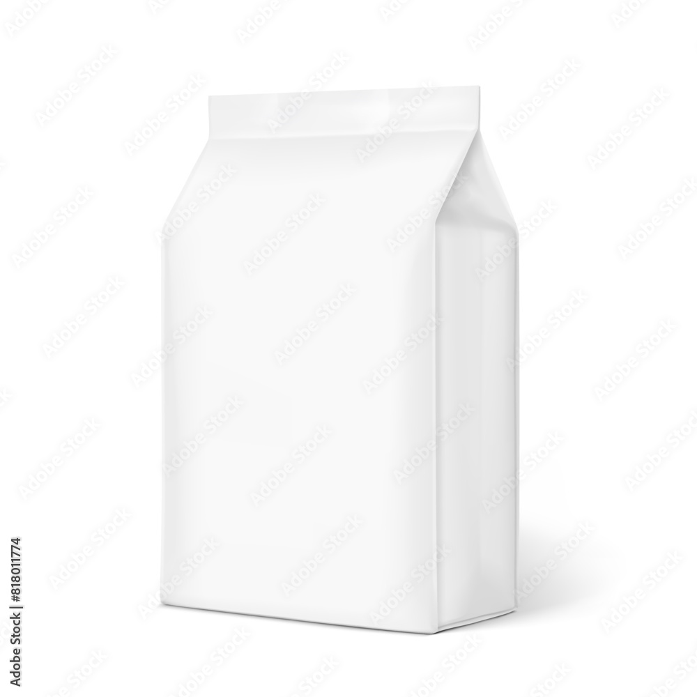 Vertical bag mockup. Flat bottom bag. Half side view. High realistic. Vector illustration isolated on white background. Ready for use in presentation, promo, advertising and more. EPS10. Vertical bag mockup. Flat bottom bag. Half side view. High realistic. Vector illustration isolated on white background. Ready for use in presentation, promo, advertising and more. EPS10.