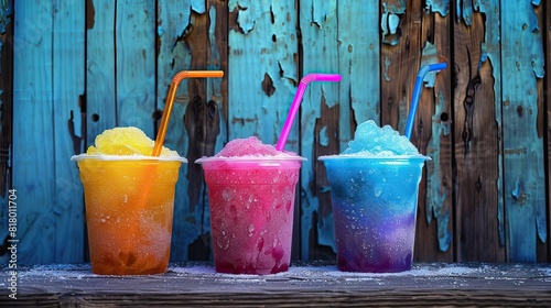 Colorful slushies in plastic cups with matching straws on a rustic blue wooden background photo