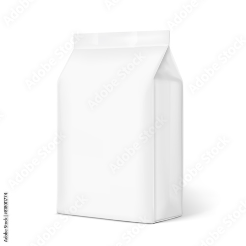 Vertical bag mockup. Flat bottom bag. Half side view. High realistic. Vector illustration isolated on white background. Ready for use in presentation, promo, advertising and more. EPS10.