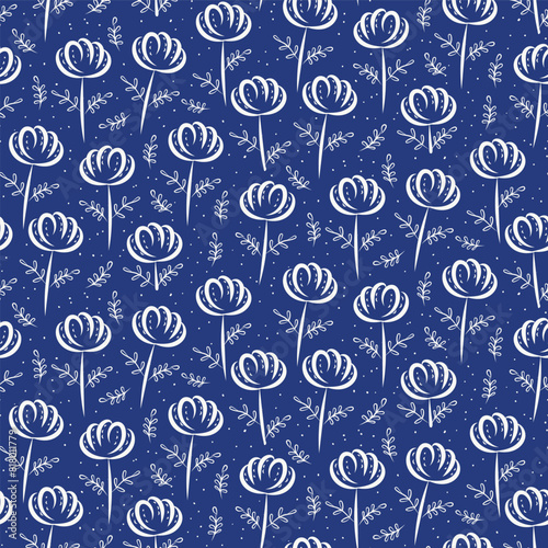 Hand-drawn simple floral vector seamless background pattern. Cobalt blue white background with line art painterly flowers. Textural design outlines. Decorative botanical repeat all over print. © Gaianami  Design