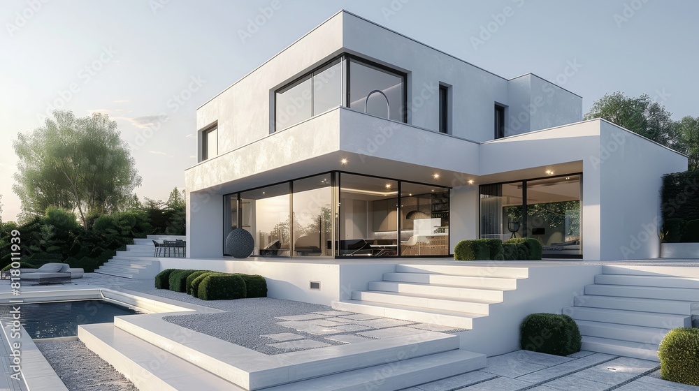 White walls, modern house exterior. Generative AI. White walls, modern house exterior. Generative AI.