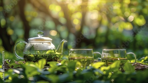 An elegant and simple glass travel tea set with three transparent cups placed in front of the green grass. The background features lush trees creating a natural scene. Generative AI.
