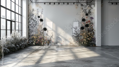 Minimalist wedding interior with blank posters and beautiful black flowers on the walls