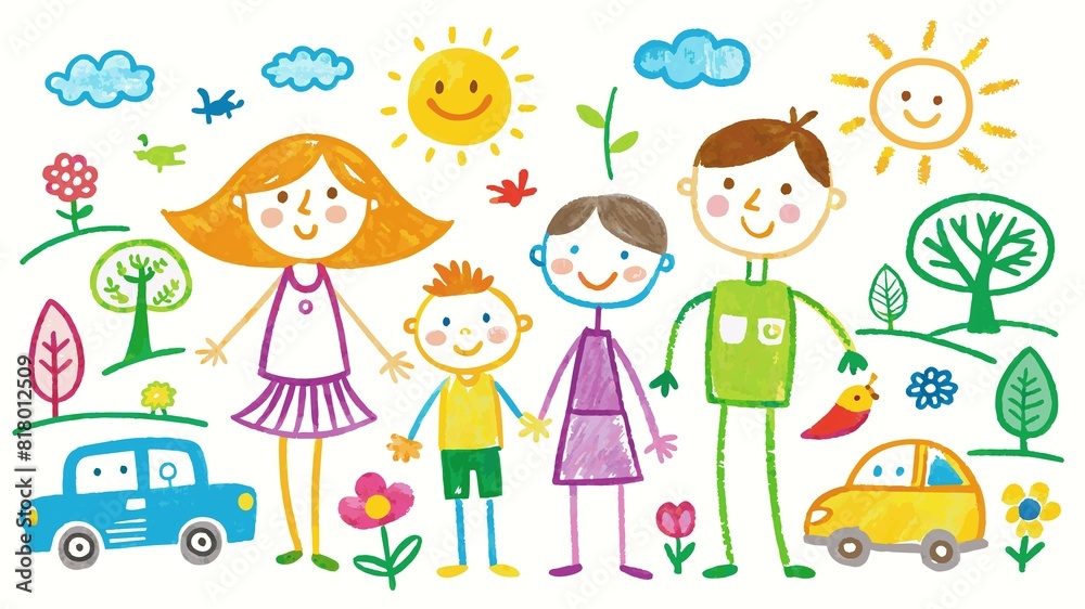 Naklejka premium Family time takes center stage in a heartwarming chalk drawing on white paper, created by a child's innocent hand.