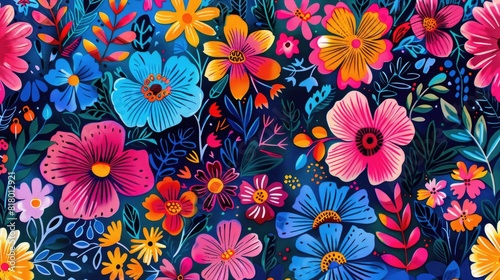 Vibrant Mexican Flora Textile Print  All-Over Pattern  Flat Colors 