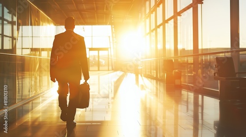 A person is walking through an airport with a suitcase, with the sun shining brightly behind them.

 photo