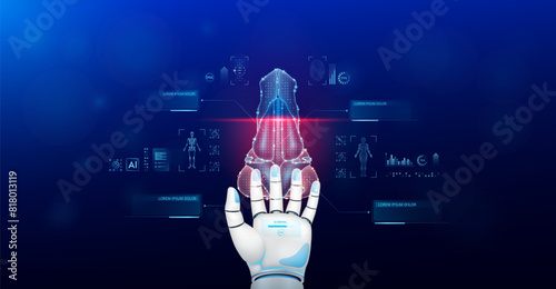 Nose scanning robot doctor diagnose disease on hand. Screen digital interface of system MRI scan of human body organ DNA analysis. Future health care innovation. Science medical technology. Vector.