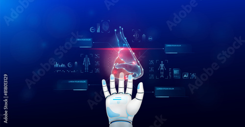 Nose scanning robot doctor diagnose disease on hand. Screen digital interface of system MRI scan of human body organ DNA analysis. Future health care innovation. Science medical technology. Vector.