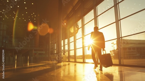 A person is walking through an airport with a suitcase, with the sun shining brightly behind them.

 photo