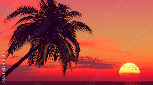 Silhouette of palm tree at sunset.