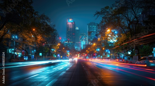 colorful long exposure background of traffic moving light of speed transportation cars on a road. © ANEK