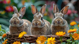 Rabbits in the garden. Easter decoration. Selective focus