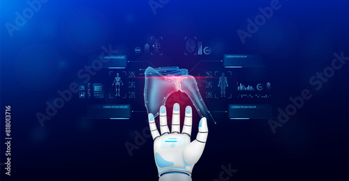 Shoulder joint bone scanning robot doctor diagnose disease on hand. Screen digital interface of system MRI scan human body organ DNA analysis. Future health care innovation. Medical technology. Vector