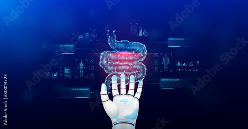 Small intestine scanning robot doctor diagnose disease on hand. Screen digital interface of system MRI scan of human body organ DNA analysis. Future health care innovation. Medical technology. Vector.