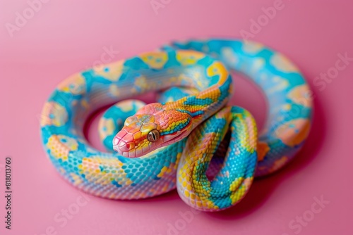 Colorful toy snake on a pink background. Bright and playful close-up photography. Fun and playful concept. 2025 year, Generative AI. 