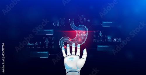 Stomach scanning robot doctor diagnose disease on hand. Screen digital interface of system MRI scan of human body organ DNA analysis. Future health care innovation. Science medical technology. Vector.