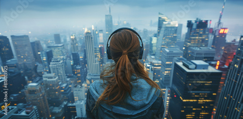 A young woman stands at the pinnacle of an urban skyscraper, adorned with headphones, surrounded by the bustling cityscape. Generative AI. photo