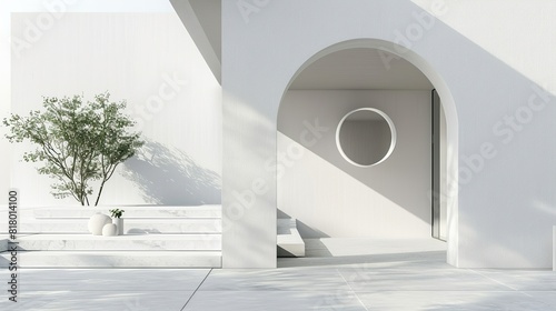 A white minimalist architectural structure with a round window and a small tree in a planter next to it.