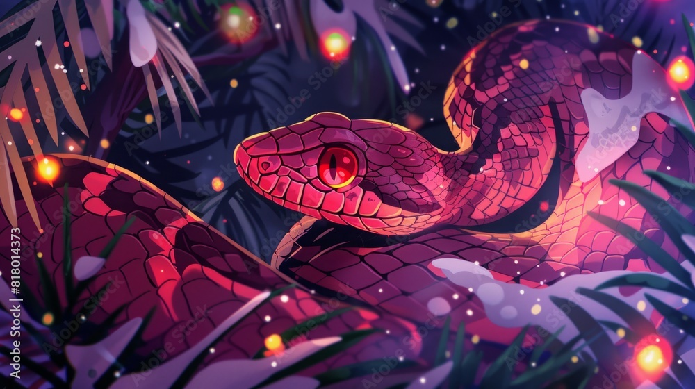 Red snake entwined in pine branches with festive lights. Mystical digital illustration with a Christmas theme. Holiday and fantasy concept. Generative AI Red snake entwined in pine branches with festive lights. Mystical digital illustration with a Christmas theme. Holiday and fantasy concept. Generative AI