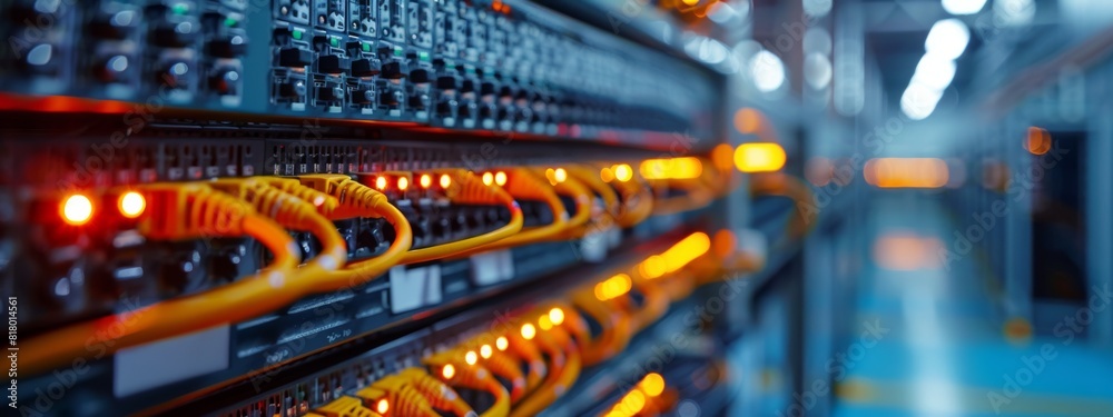 A view of a telecommunications hub with racks of network cables neatly organized. A view of a telecommunications hub with racks of network cables neatly organized.