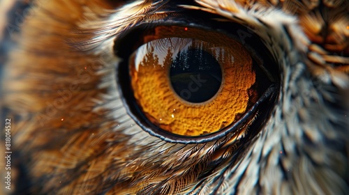 This is an up-close photograph of an owl's eye. The eye is a deep orange color with a black pupil. The owl's feathers are brown and beige.

 photo