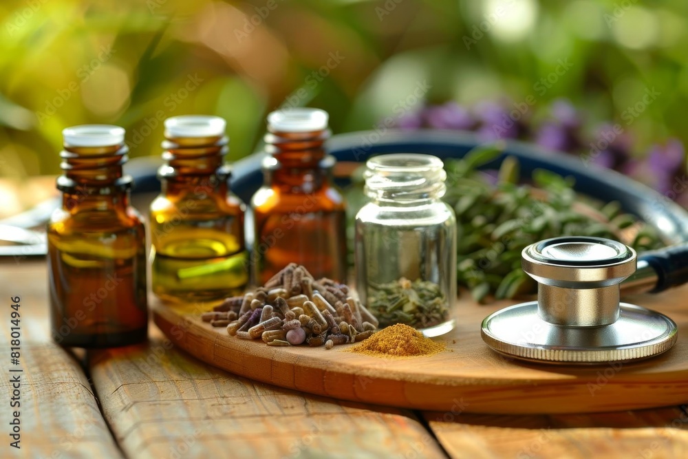 Assortment of essential oils next to a stethoscope