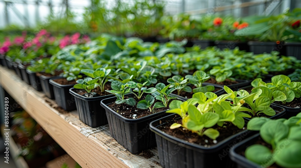 A greenhouse filled with a variety of young plants and flowers. A greenhouse filled with a variety of young plants and flowers.