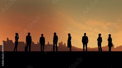 Diverse Silhouettes of a Group Walking in Unity Towards the Urban Horizon at Sunset  Symbolizing Teamwork and Success