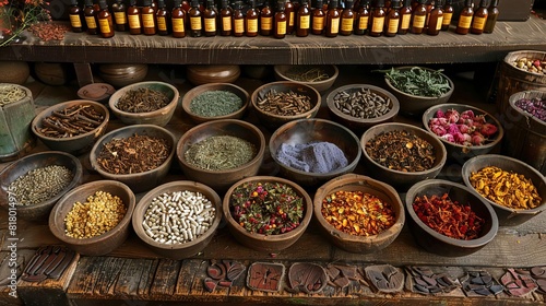 Assortment of traditional herbal medicines photo