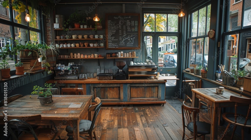 cafe interior design, rustic coffee shop with wooden tables, chairs, and a chalkboard menu on the wall the perfect cozy vibe cafe interior design, rustic coffee shop with wooden tables, chairs, and a chalkboard menu on the wall the perfect cozy vibe