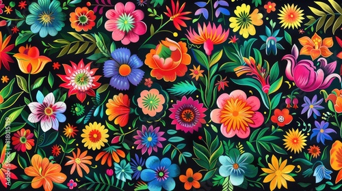 Vibrant Mexican Flora Textile Print  All-Over Pattern  Flat Colors 