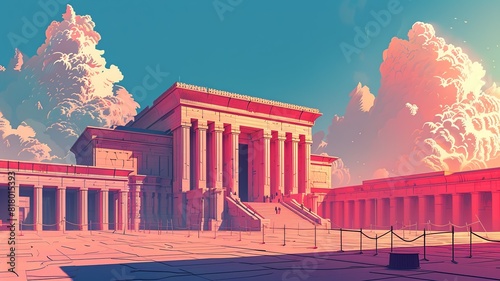 A minimalist illustration of the Temple of Solomon, characterized by simple and clean lines that convey a sense of grandeur and magnificence, with a focus on the architectural details photo