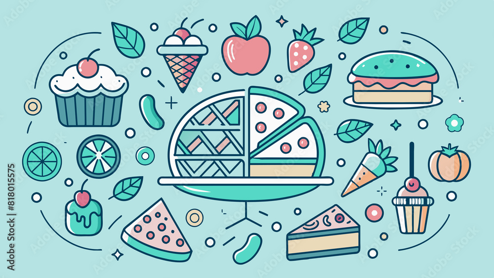 Fototapeta premium Cake doodle including icons - pie, slice, bakery, sweets, easter, piece, fruits. Thin line art about dessert products.
