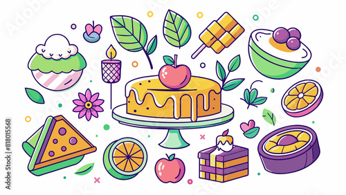 Cake doodle including icons - pie  slice  bakery  sweets  easter  piece  fruits. Thin line art about dessert products.