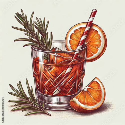 Negroni cocktail in a glass cup. Premium illustration