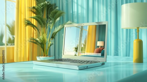 3D laptop displaying a hotel booking website, symbolizing the convenience of reserving accommodations online