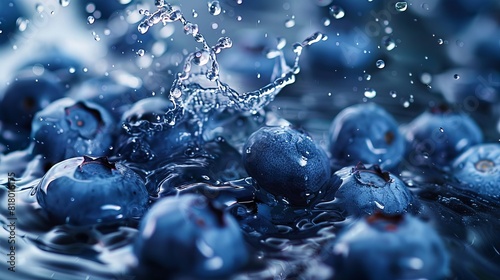 Blueberries falling into water creating splashes photo
