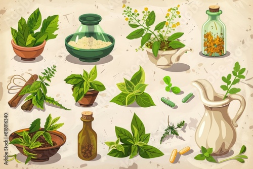 Collection of herbal ingredients in various containers. Illustrated herbal medicine preparation scene. Natural remedies and holistic health concept. Ayurvedic hebs, Ayurveda, Generative AI photo