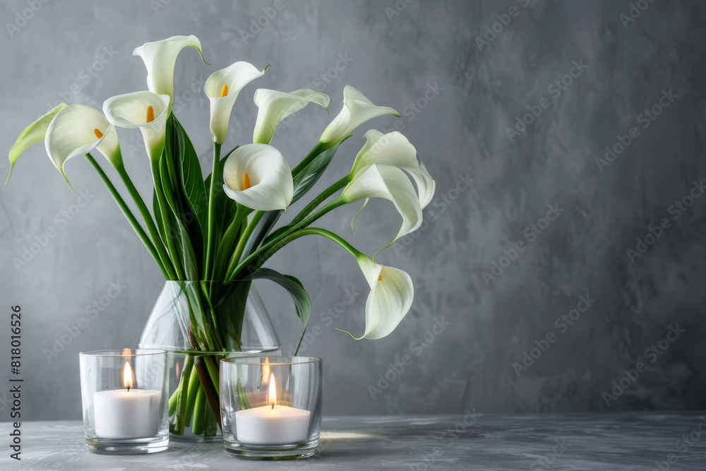 Elegant white calla lilies in a glass vase with two lit candles on a gray background, suitable for a funeral setting Elegant white calla lilies in a glass vase with two lit candles on a gray background, suitable for a funeral setting