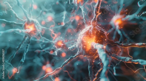 neuron cells, with synapses and axons transmitting electrical signals, visualizing the complexity of the neural system. photo