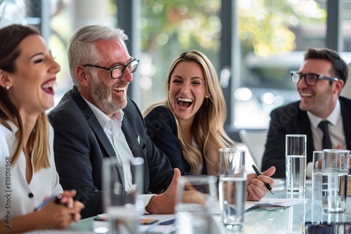 Business people laughing in a casual meeting photo