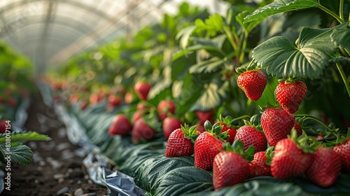 Rows of strawberry plants  with ripe red berries peeking out.