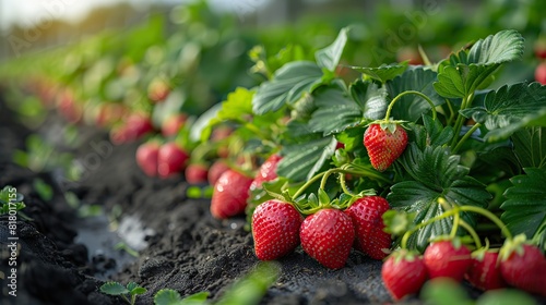 Rows of strawberry plants  with ripe red berries peeking out.